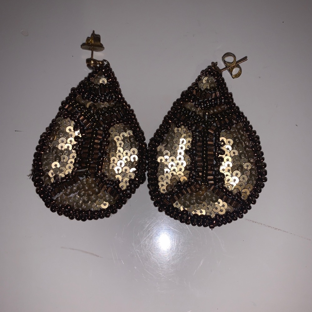 Gold and brown teardrop hanging earrings